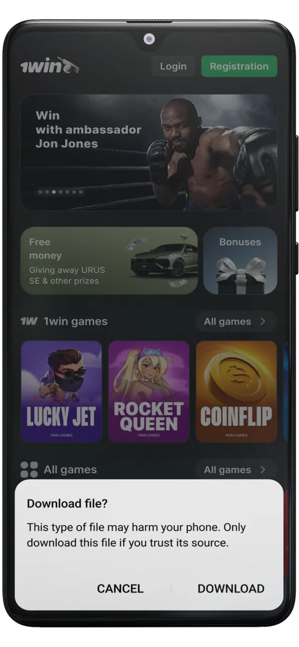 Confirm the download of the 1win apk file.